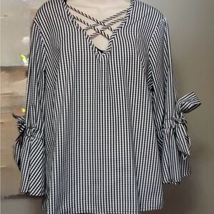 Black and White Gingham Blouse with Bow Sleeves New Large